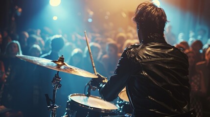 A drummer in a leather jacket stick in hand keeping time with the rest of the band as the audience sways and dances to energetic . .
