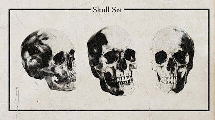 Skull Set: Retro Gothic Elements in Photocopy Style