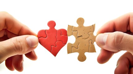 Two hands connecting heart and piece puzzle, symbolizing love and connection. Perfect for themes of relationships and teamwork. Simple and clear image showcasing unity and affection. AI - obrazy, fototapety, plakaty