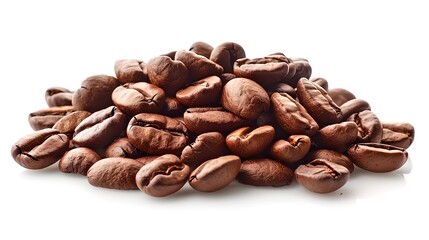 Aromatic fresh coffee beans pile on a white background. Close-up, textured and detailed image capturing the essence of coffee. Ideal for cafes and culinary themes. AI - obrazy, fototapety, plakaty