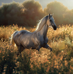 a beautiful horse walking in a grass with back ground
