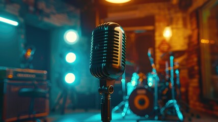Vintage microphone on stage with lights - A classic microphone set against a vibrant stage backdrop, exuding a moody, music-filled atmosphere
