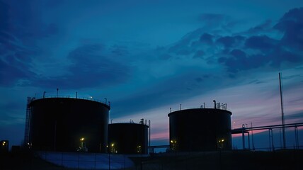 Industrial fuel tanks under dusk sky - A dramatic view of industrial spherical fuel tanks under a deep dusk sky with atmospheric clouds