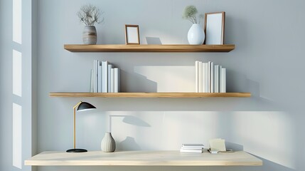 Minimalist Interior Design Display with Simple Wall Shelves. An Elegant Arrangement of Frames and Decor. Ideal for Modern Home Decor and Lifestyle Magazines. AI