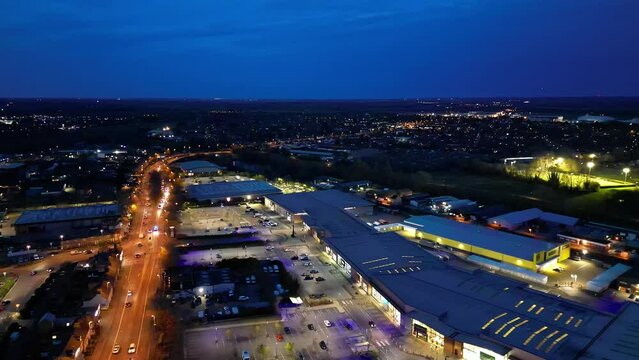 Aerial Footage of Illuminated Central Cambridge City of Cambridgeshire, England UK During Night. March 21st, 2024
