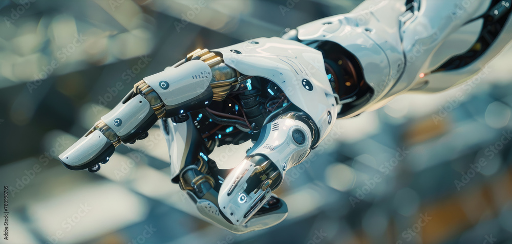 Poster advanced robotic hand in front of circuits - a highly detailed image of a futuristic robotic hand wi