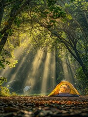 Enchanted forest campsite with radiant light - A magical yellow tent glows under a canopy of trees with rays of light streaming through, creating a dreamlike atmosphere of wonder