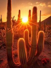 Glowing Sunset Behind Saguaro Cactus - A majestic Saguaro cactus stands tall against a vivid, sunset sky, with the sun creating a radiant starburst effect
