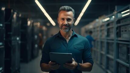 Confident man holding tablet in server room - A middle-aged man confidently stands in a high-tech server room holding a tablet computer