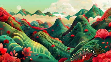Digital green mountain top scenery illustration abstract poster web page PPT background