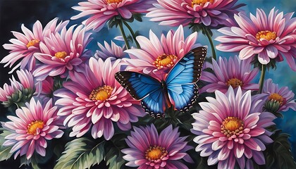 blue tropical butterflies on chrysanthemum flowers painted with oil paints - obrazy, fototapety, plakaty