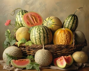 Obraz na płótnie Canvas A still life scene featuring a variety of melons including watermelon