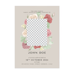 Floral funeral invitation template, colorful flowers and leaves on light brown background