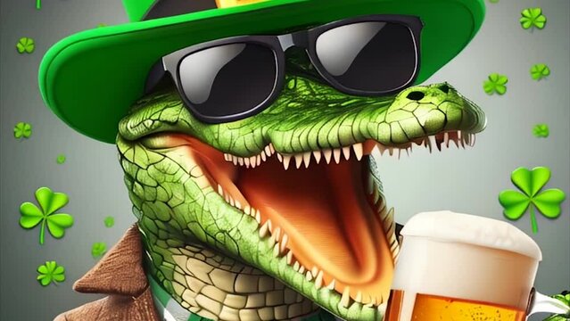 Smiling crocodile with a mug of beer for St.Patrick day.
