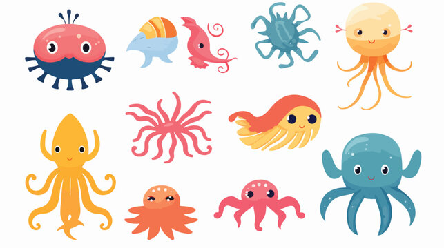 Colorful set of various sea creatures. Cartoon fish