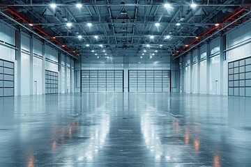 Roller door or roller shutter using for factory, warehouse or hangar. Industrial building interior consist of polished concrete floor and closed door for product display or industry background. - Powered by Adobe