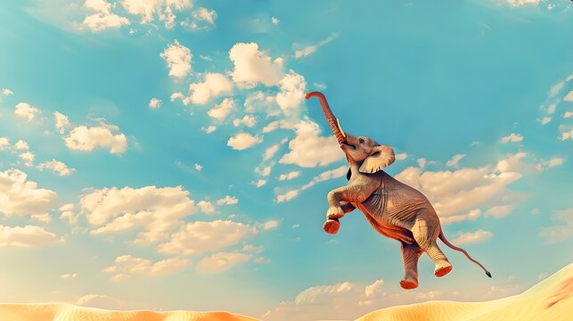 Whimsical Digital Art of a Flying Elephant in a Blue Sky, Surrealist Fantasy Image. Creative, playful concept against cloud backdrop. AI
