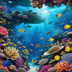 Fototapeta na wymiar Dive into the depths of the ocean and illustrate a vibrant coral reef teeming with marine life.