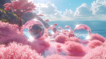 Digital pink acrylic sphere grass sea poster PPT background - obrazy, fototapety, plakaty