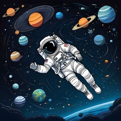  Illustrate an astronaut floating in space surrounded by planets, stars, and distant galaxies. Incorporate futuristic technology and a sense of wonder to capture the adventure of exploring the cosmos.