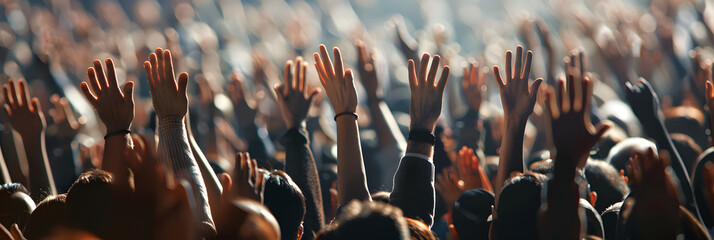 Crowd of people with raised hands at concert Music festival concept populated crowd everybody hands up.