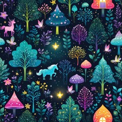 Create an enchanted forest scene with towering trees, glowing fireflies, and whimsical creatures like fairies and unicorns. Use vibrant colors and sparkling details to bring this magical world to life