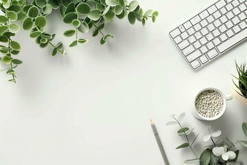 A minimalist desk where the green plant is the muse for - obrazy, fototapety, plakaty