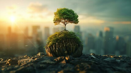 A lush tree sprouts from a city within a globe, a symbol of ESG commitment - obrazy, fototapety, plakaty