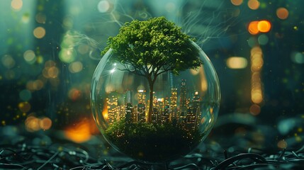 A lush tree sprouts from a city within a globe, a symbol of ESG commitment