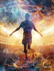 Cosmic human silhouette with universe backdrop - A vibrant composite image of a human silhouette superimposed on a vivid space background with stars and nebulae - obrazy, fototapety, plakaty