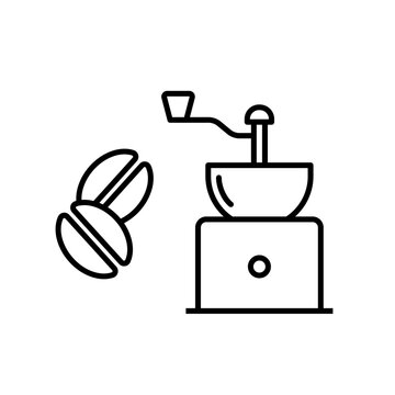 Coffee beans and grinder icon. Black color outline icon on white background.