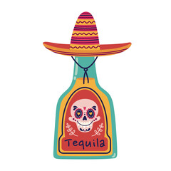 Tequila vector illustration. Glass bottle with Mexican alcohol, sombrero cork, sugar skull label. Traditional agave drink, booze for carnival, fiesta, event. Hand drawn clipart isolated on white