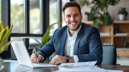 Confident Businessman Smiling at Desk in Modern Office Setting. Man in Casual Suit Working on Laptop. Professional Workplace Portrait. AI