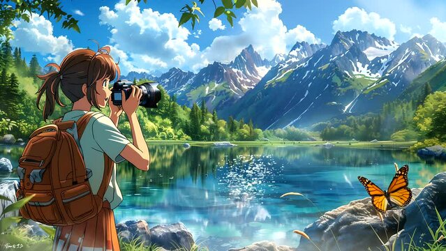 girl taking a photo of a beautiful scenery in the mountains with a flowing lake. Seamless looping 4k time-lapse video animation background