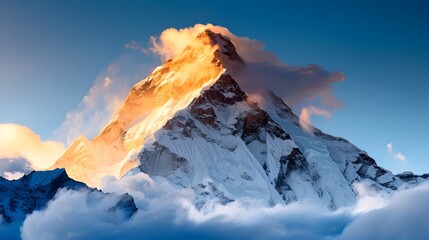 Photo of K2 mountain peak in the Himalayas. clouds swirling around it during golden hour lighting against a blue sky background.  For skincare, beauty, e-commerce, Cover, Poster, Banner, PPT, KV desig