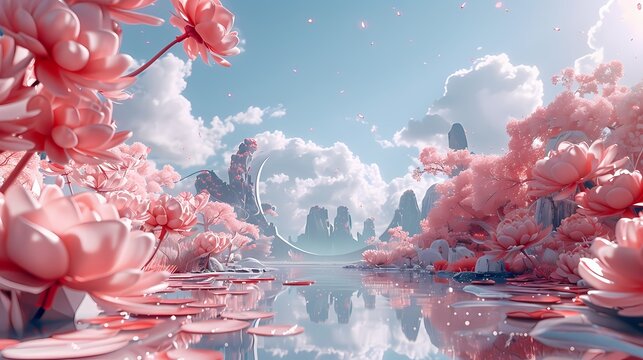 Digital digital pink clouds pond scene poster background
