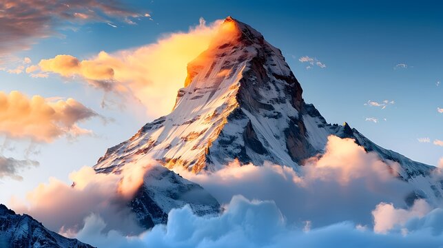 Photo of K2 mountain peak in the Himalayas. clouds swirling around it during golden hour lighting against a blue sky background.  For skincare, beauty, e-commerce, Cover, Poster, Banner, PPT, KV desig