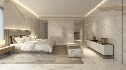 Stepping into the fourth bedroom one can immediately feel the lavishness of the space. The walls are cloaked in a lightcolored marble with delicate ing complementing the soft white . - obrazy, fototapety, plakaty