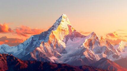 Snowcapped mountains, golden light shining on the top peak, sunrise. The background is a clear sky with a hint of orange glow behind the mountain peaks. For skincare, beauty, e-commerce, Cover, Poster - obrazy, fototapety, plakaty
