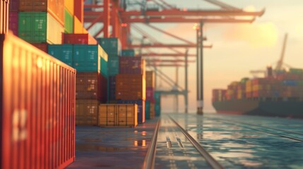 A train on track next to container ship