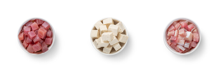 Overhead view of side dish of Raw Tofu and Tuna Yellowtail ingredients. Image with clipping PATH