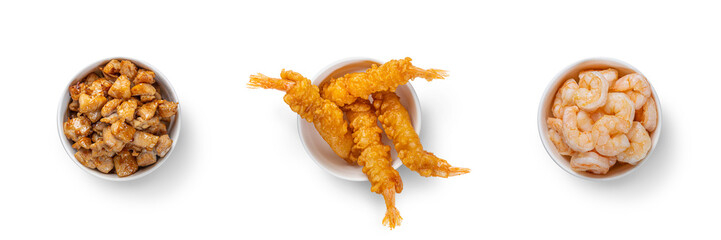 Overhead view of Chicken Teriyaki Tempura Shrimp and Boiled Shrimp with clipping PATH