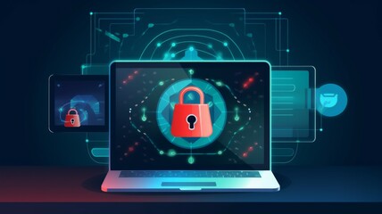 Obraz premium Laptop with advanced security system concept art - An illustration of a laptop with advanced red security system lock highlighted by digital graphics