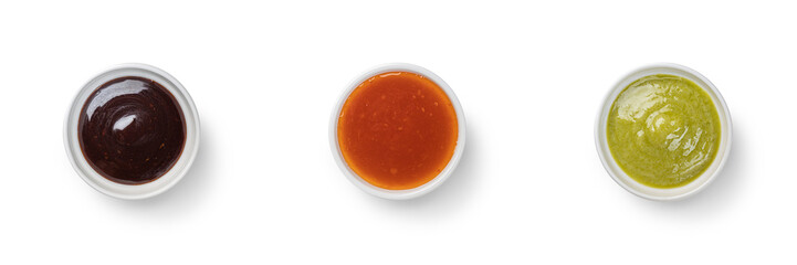 Overhead view of side dish of Poke bowl sauces with clipping PATH