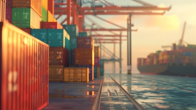 A train on track next to container ship