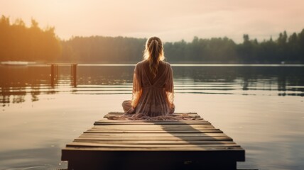 Woman meditating by a tranquil lake - In a moment of tranquility, a woman meditates by a calm lake during a golden sunset, enveloped in the serenity of nature - obrazy, fototapety, plakaty