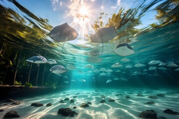Synchronized dance of graceful rays soaring through the shallows of a tropical lagoon, isolated on white solid background - obrazy, fototapety, plakaty