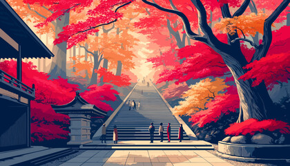 Concept of Kyoto in the autumn leaves. Vector illustration.