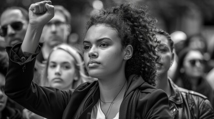 In a candid moment a portrait captures the passion and conviction of a lawyer as she passionately addresses a crowd her fist raised in solidarity for the fight for rights. . - obrazy, fototapety, plakaty