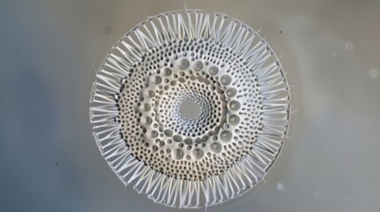 A microscopic view of a single diatom frustule showing the intricate arrangement of pores and spikes on its surface.